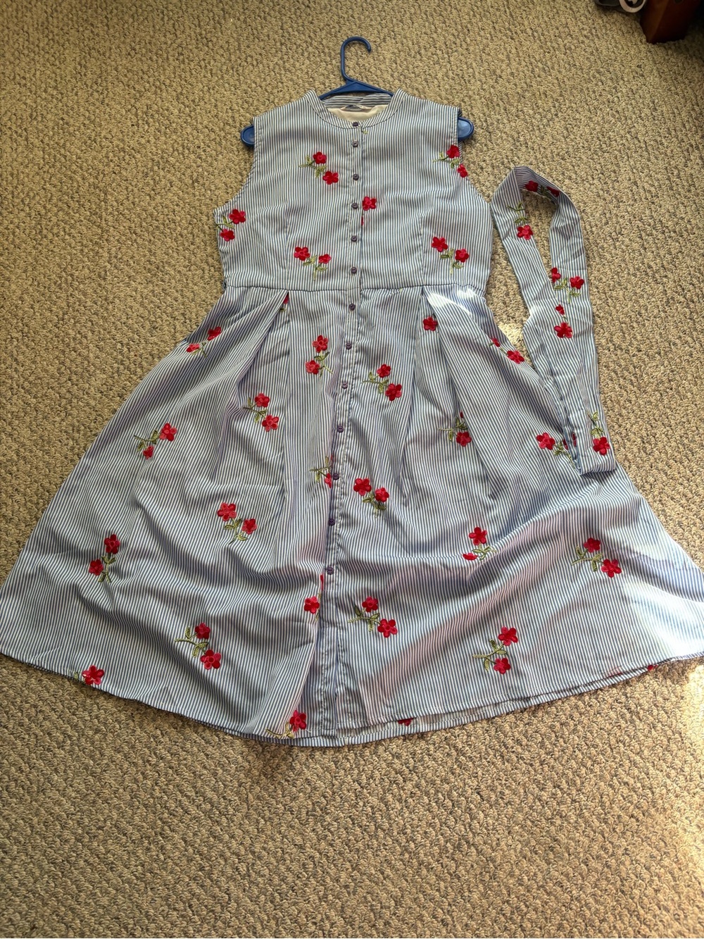 Sleeveless Blue Striped Maxi Dress with Red Floral Embroidery